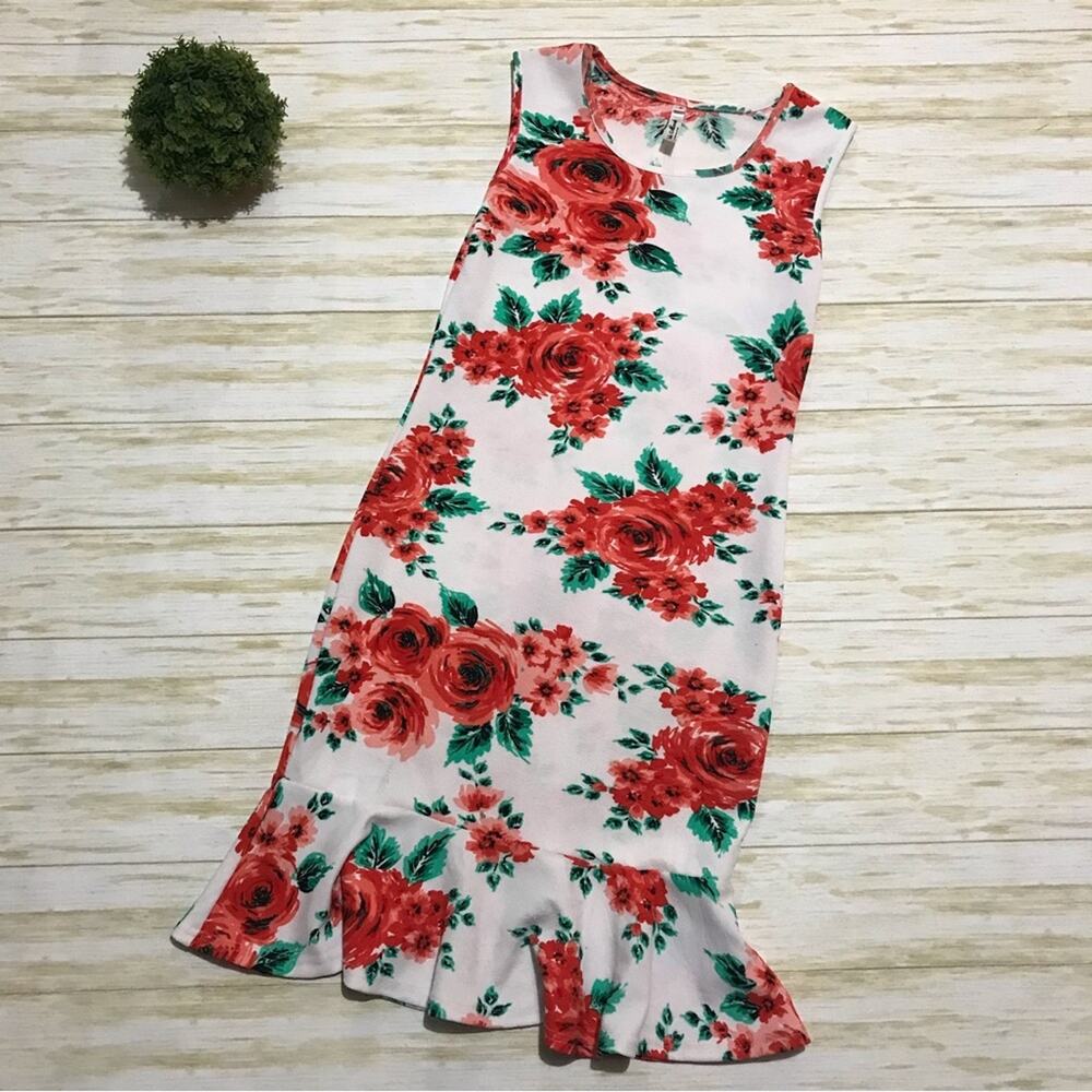 Long Modest Spring Summer Sleeveless Floral Ruffle‎ Peplum Fitted Dress Small
